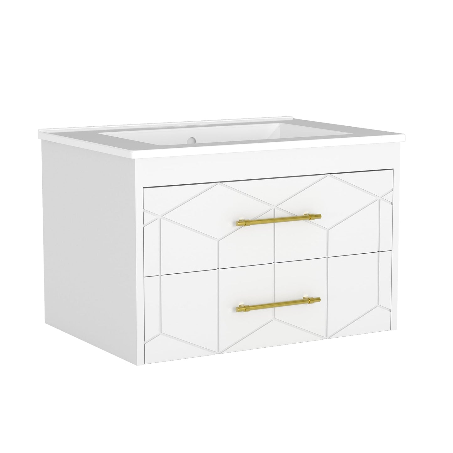 IDEALHOUSE Floating Bathroom Vanity with Sink 24 inch, Modern Bathroom Sink Cabinet, Ceramic Vanity Top, 2 Large Storage Drawers with Gold Metal Handle, Easy to Assembly, White
