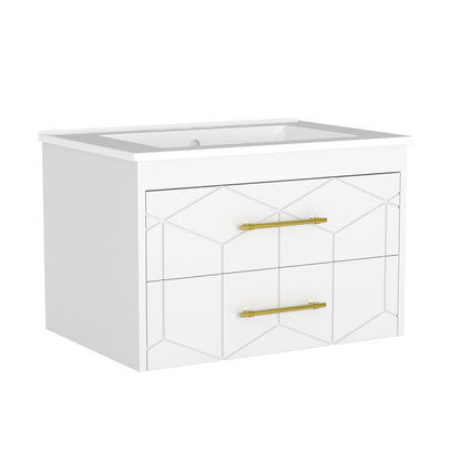 IDEALHOUSE Floating Bathroom Vanity with Sink 24 inch, Modern Bathroom Sink Cabinet, Ceramic Vanity Top, 2 Large Storage Drawers with Gold Metal Handle, Easy to Assembly, White