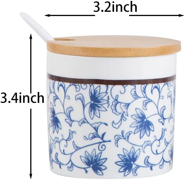 123Arts Ceramic Sugar Bowl, Retro Blue and White Storage Jar with Wooden Lid and Spoon