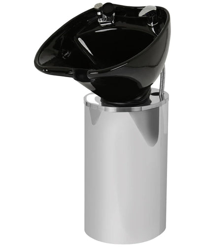 Buy-Rite Paris Pedestal Shampoo Unit – Professional Salon Shampoo Station with Tilting Porcelain Bowl, Silver Base with Black Bowl – Includes Faucet, Spray Hose, Drain & Vacuum Breaker