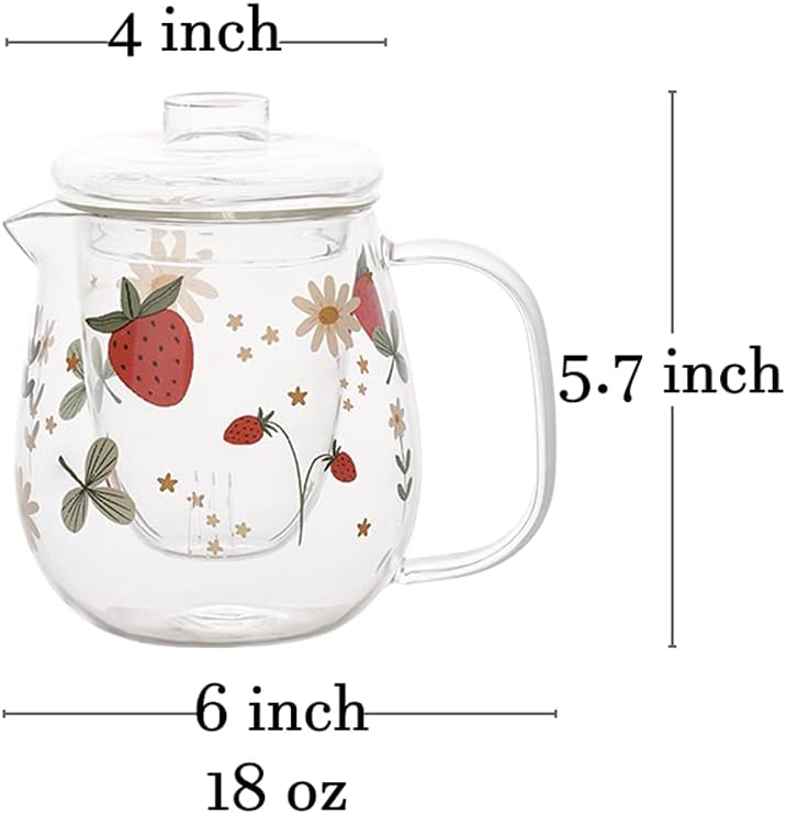 Sizikato Clear Borosilicate Glass Teapot with Tea Strainer, Cute Strawberry Pattern, 18oz
