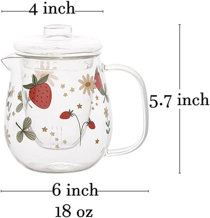 Sizikato Clear Borosilicate Glass Teapot with Tea Strainer, Cute Strawberry Pattern, 18oz