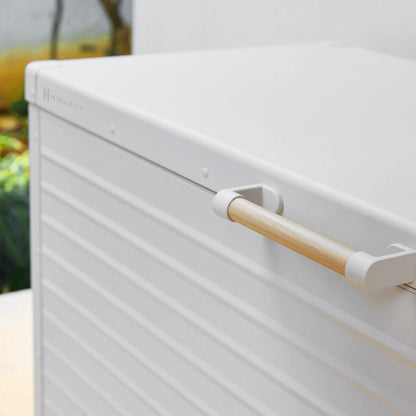 MIRADOR 175 Gallon Outdoor Storage Box with Wheels & Soft-Close Lid, Waterproof Metal Deck Box for Patio Cushions, Garden Tools & Pool Accessories, Latte
