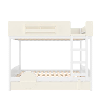 KEIKI Queen Over Queen Size Bunk Bed with Trundle, Pine Solid Wood Triple Bunk Beds Frame with Bookshelf, Guardrail, Slat and Ladders, Automobile Form Design bunkbed for Kids Teens & Adults