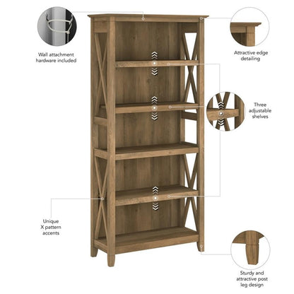Bush Home Key West 5 Shelf Bookcase - Set of 2 | Tall Bookshelves in Reclaimed Pine | Sturdy Display Shelves for Library, Living Room, and Home Office