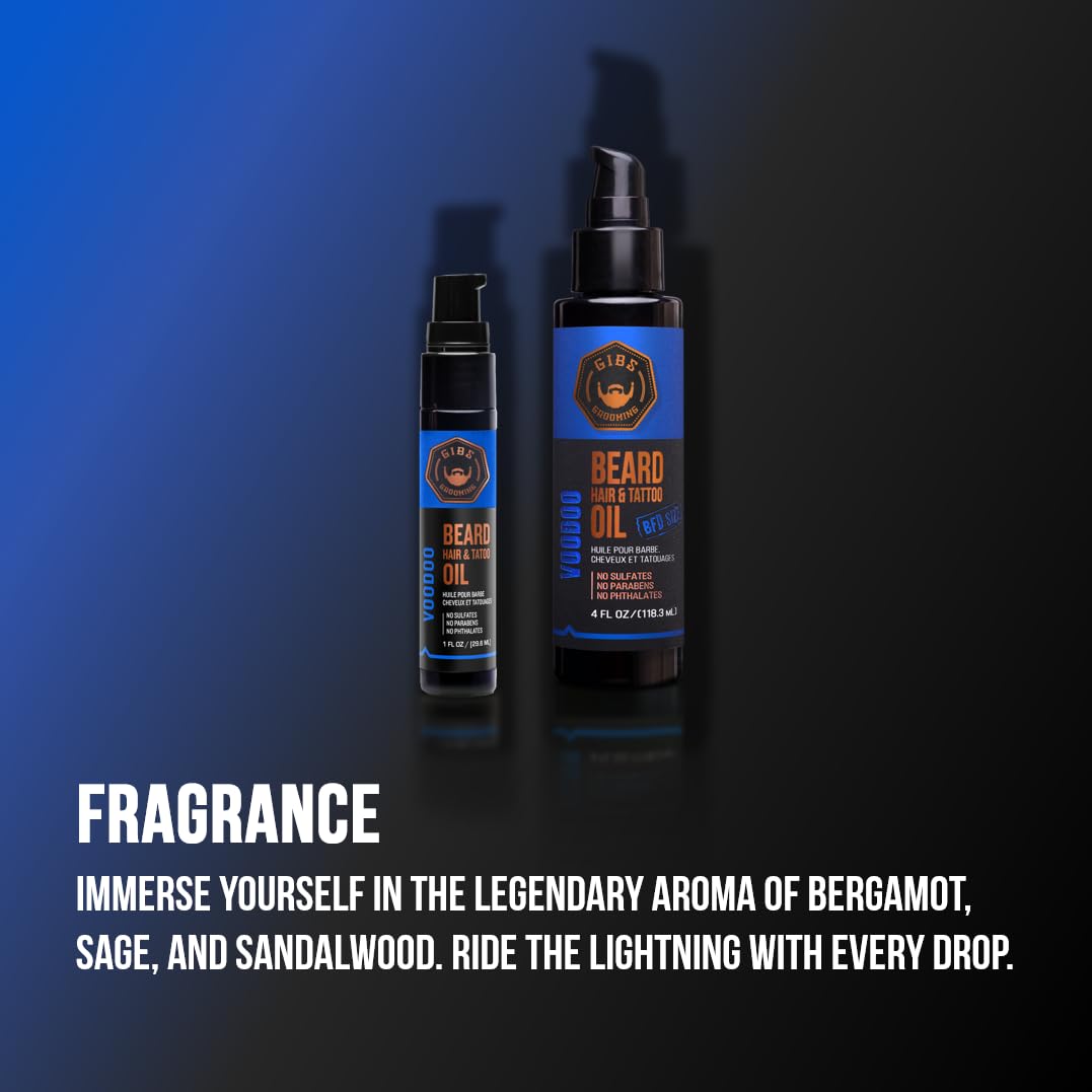 GIBS Beard, Hair & Tattoo Oil - Softens & Strengthens Beard Growth, Moisturizes Skin (4 Scents, 2 Sizes)