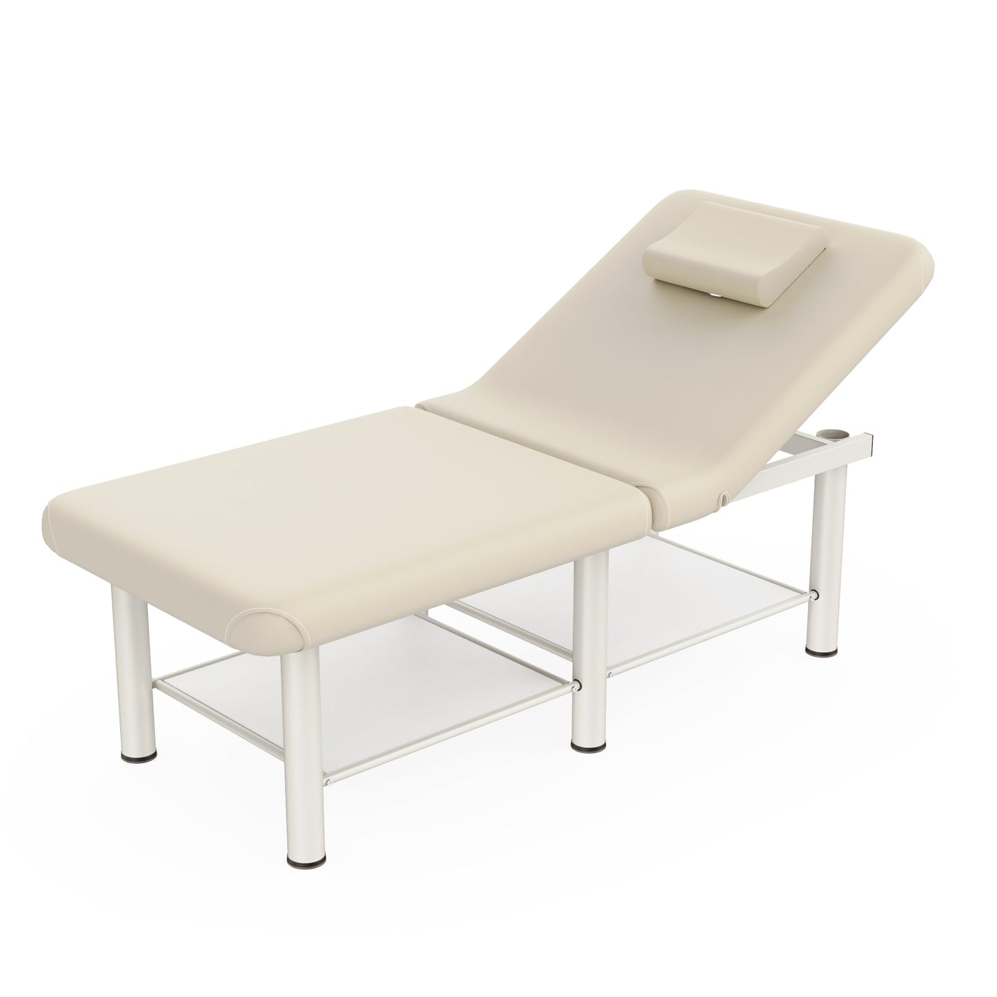 Folding Stationary Massage Table with Backrest and Storage Space for Treatment Table Physical Therapy Table Spa Facial Bed, 6 Round legs Metal Frame PU Leather, 30.5'' Wide × 75'' Long - Beige Gray