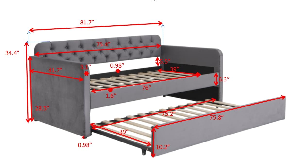 Ball & Cast Twin Size Daybed W/Trundle,Velvet Day Bed with Pop Up Trundle Bed W/USB Charging Ports,Upholstered Sofa Bed W/Back,No Box Spring Needed,for Bedroom,Guest Room,Dark Gray