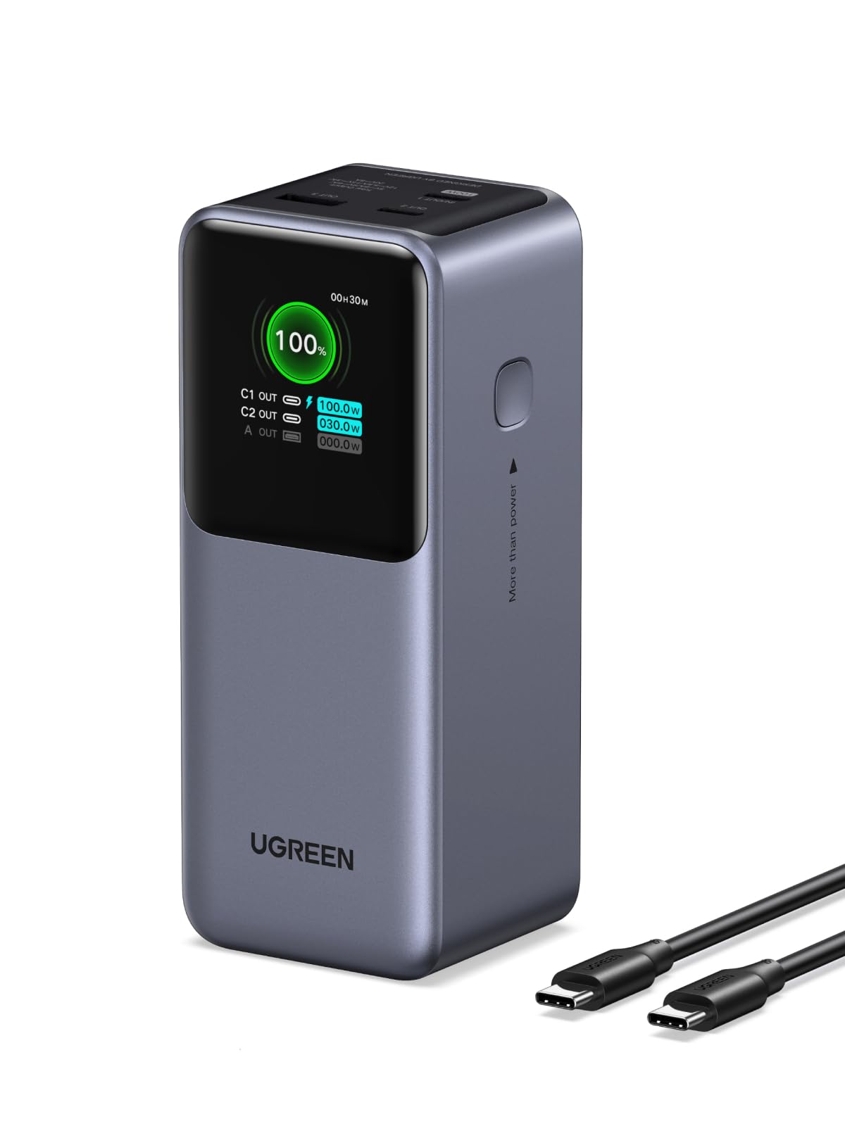 UGREEN Nexode Power Bank 20000mAh 130W Portable Charger 72Wh PD Fast Charging 3-Port USB C Battery Pack with TFT Smart Display for MacBook/iPad/iPhone 16/Samsung S24 and More