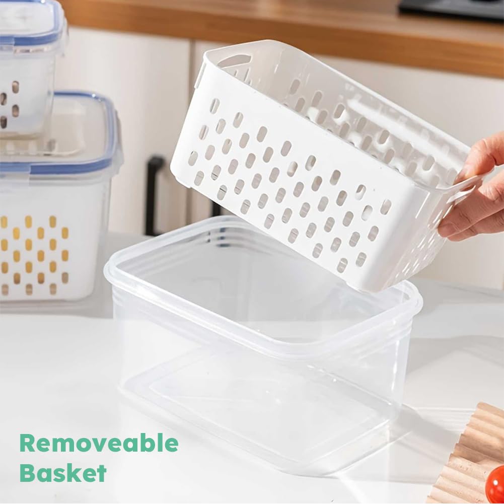 Trasylph 2 Pack Fruit Storage Containers for Fridge with Removable Colanders, Dishwasher & Microwave safe Produce Storage Containers with Lids Keep Fruits, Vegetables, Berry, Meat Fresh longer