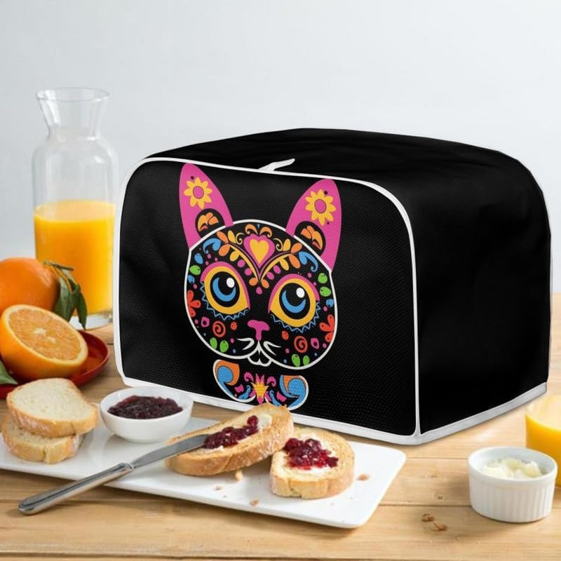 Toaster Cover 2 Slice, Sugar Skull Cat Black, Day of Dead Cartoon Cats, Washable Protective Cover with Hang Loop
