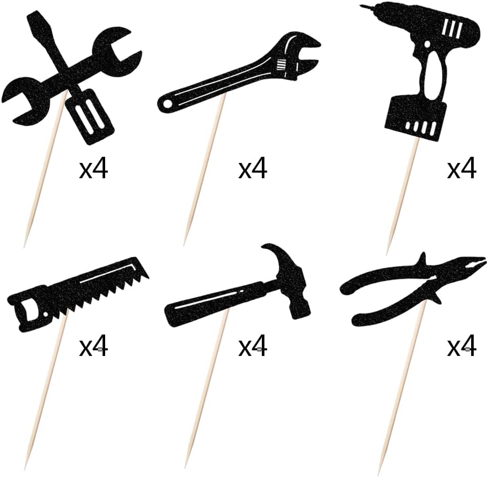24PCS Tools Cupcake Topper, Construction Tools Cake Decorating for Boys & Men Birthday Party