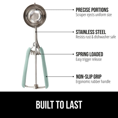 GORILLA GRIP BPA-Free 304 Stainless Steel Cookie Scoop, 1 TBSP Scooper #60, Soft Grip Handle, Easy Food Release, Create Even Portions, Multipurpose Kitchen Melon Baller, Meatball Spring Scoops, Mint