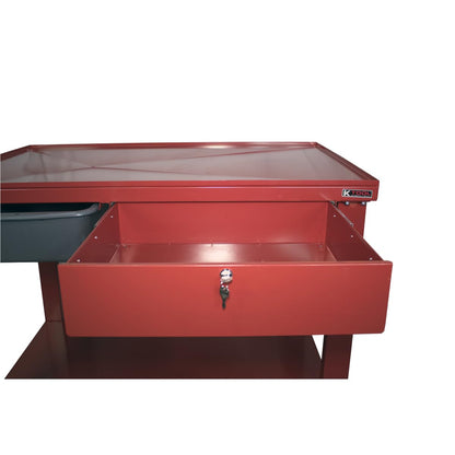 K Tool International 75109 48" x 32" Tear Down Table for Garages, Repair Shops and DIY, 31" Height, Raised Edges, Offset Drain, 3-Gallon Drain Pan, Lockable Storage Drawer, 4" Swivel Casters, Red