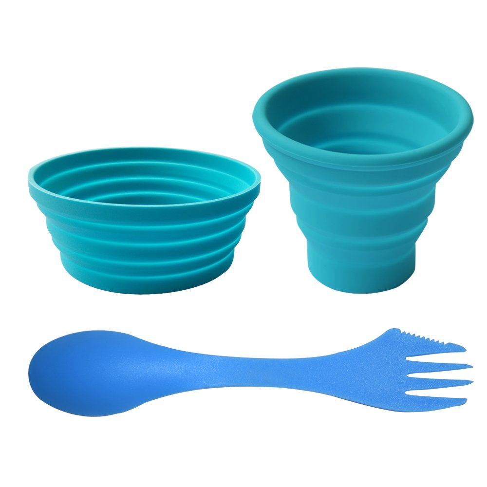Ecoart Silicone Collapsible Bowl Cup Set with Spork for Outdoor Camping Hiking Travel - Set of 3