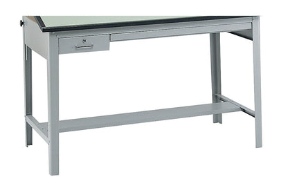 Pemberly Row Modern Drafting Table Base, Heavy-Gauge Steel Frame, Gray Finish, 35.5" H x 56.38" W x 30.5" D, Tilt Function Up to 50 Degrees, Locking Tool & Reference Drawers, Office Use