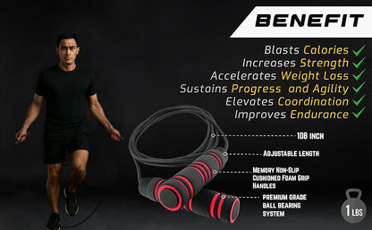 Weighted Jump Rope Workout (1LB) - Tangle-Free Ball Bearing Speed Skipping Rope for MMA Boxing Weight-loss Crossfit Fitness Home Exercise - Adjustable Rope Foam Handles for Men Women Cardio Training