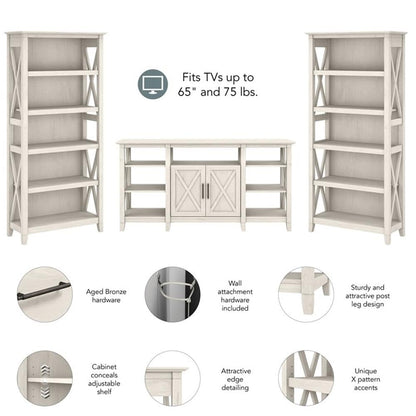 Bush Furniture Key West Tall TV Stand with Set of 2 Bookcases, Farmhouse Entertainment Center for 65 Inch Television, 17D x 60W x 66H, Linen White Oak