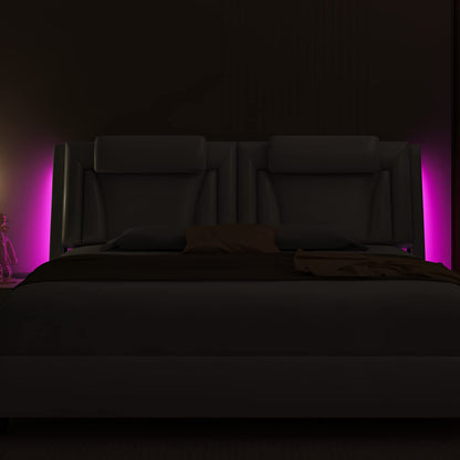Keyluv King Size LED Bed Frame with Adjustable Headboard & Removable Pillow, PU Leather Upholstered Platform Bed, Wave-Like Curve Safety Design, Solid Wooden Slats Support, Easy Assembly, White
