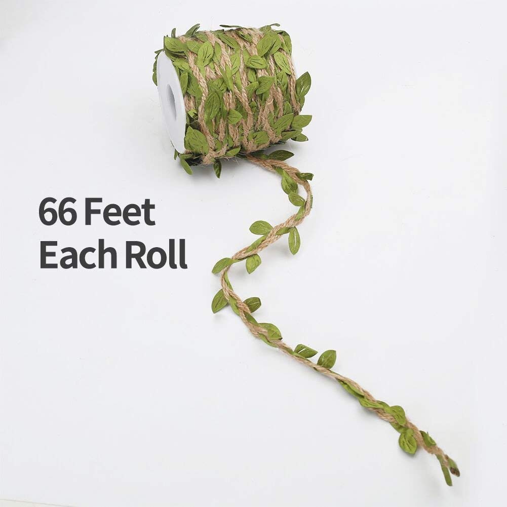Tenn Well Burlap Leaf Ribbon, 132Feet 5mm Jute Twine Vine with Artificial Leaves for Crafts, Wedding, Jungle Party Decor (2PCS x 66Feet)