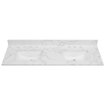 EQLOO 60 Inch Engineered Stone Bathroom Vanity Sink Top, with Undermount Rectangular Double Sinks, Vanity Countertop with 8 inch Faucet Hole Spacing and Backsplash in Lightning White
