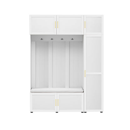 Merax 4-in-1 Hall Tree with Padded Bench, Coat Hooks, and Multi-Tier Storage Shelves – American Style Entryway Organizer for Shoes, Bags, Hats, and Daily Essentials, White