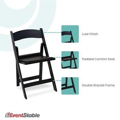 EventStable Titan Series 200 Resin Folding Chairs with 8 Dollies and 8 Straps Bundle - Black Indoor/Outdoor Lightweight Folding Chair - Padded Folding Chair for Weddings Parties Events