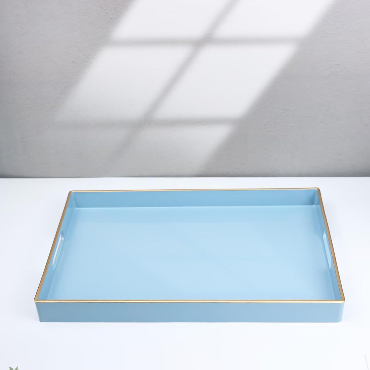 15.6" 10.2" Spsyrine Blue Decorative Serving Tray with Handles, Elegant Plastic Coffee Table Tray for Ottoman, Living