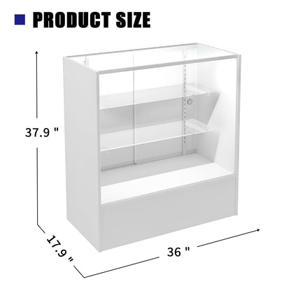 HUZJIEHUI 36" W x 18" D x 38" H - Retail Display Cabinet, White Wooden Full View Glass Display Cabinet with LED Lights and Glass Shelves