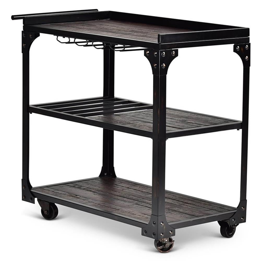 BOWERY HILL Transitional Bar Cart, 40 in W x 20 in D x 36 in H, Distressed Tobacco Brown Finish with Black Iron Frame, Stemware Storage, Towel Bar, Wine Bottle Shelves, Industrial Style for Dining