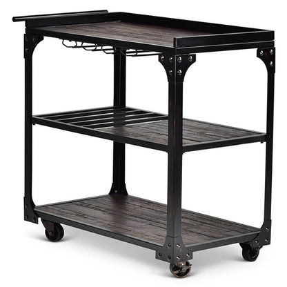 BOWERY HILL Transitional Bar Cart, 40 in W x 20 in D x 36 in H, Distressed Tobacco Brown Finish with Black Iron Frame, Stemware Storage, Towel Bar, Wine Bottle Shelves, Industrial Style for Dining