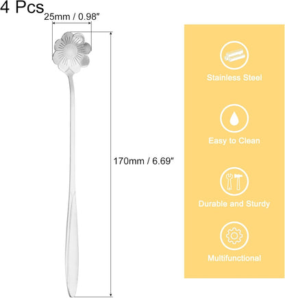 uxcell 4Pcs Stainless Steel Flower Spoon, 7 Inch Long Handle Teaspoon for Ice Cream, Coffee, Cocktail Mixing, Silver