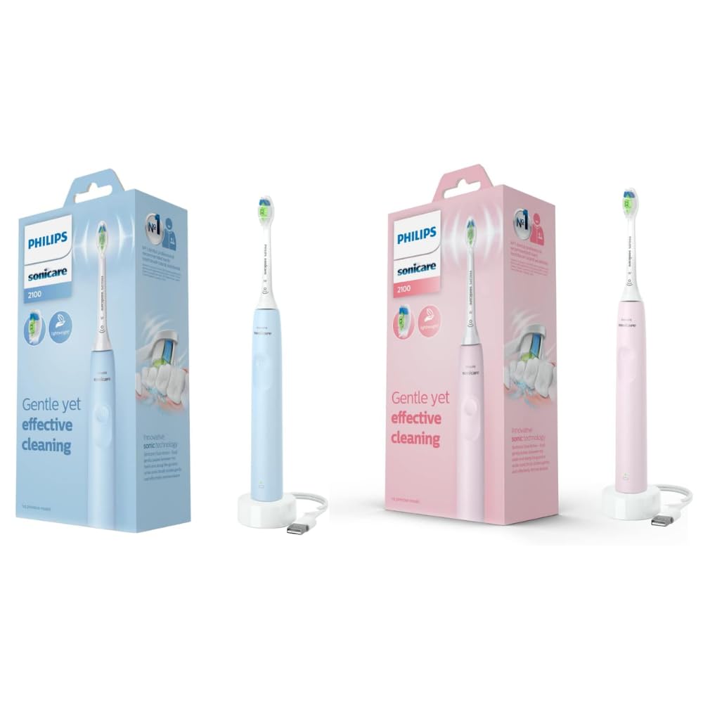 Philips Sonicare 2100 electric toothbrush with Sonic technology, QuadPacer and SmarTimer, 14-day battery life and slim egonomic design, blue and pink 2 pack