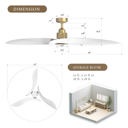 AEROFANTURE Gyro Ceiling Fans with Lights and Remote, 54 Inch Modern Bedroom Ceiling Fan with 3 Sculpted Blades, Reversible Ultra Quiet DC Motor, 3CCT Dimmable LED, 6 Speeds for Living Room Patio