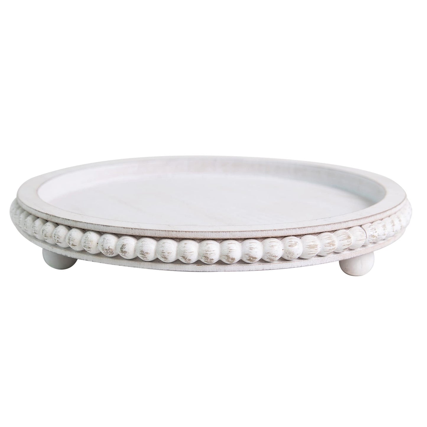 HPC Decor 12in Round Wood Tray - White, Distressed, Farmhouse Rustic - Decorative Tray for Living Room, Coffee Table, Kitchen Table or Farmhouse Serving Tray