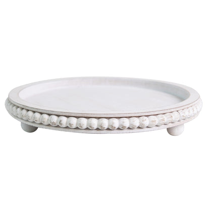 HPC Decor 12in Round Wood Tray - White, Distressed, Farmhouse Rustic - Decorative Tray for Living Room, Coffee Table, Kitchen Table or Farmhouse Serving Tray