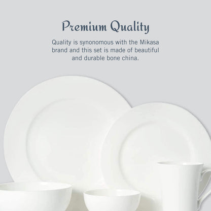 Mikasa Delray 40-Piece Bone China Dinnerware Set, White Round Dishes for 8 - Dinner Plates, Salad Plates, Cereal Bowls, Fruit Bowls and Mugs