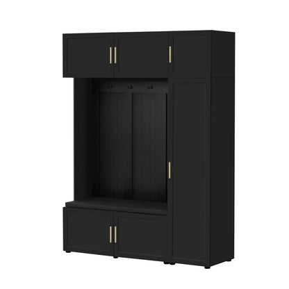 Amposei Modern Hall Tree with Shoe Storage Bench & Coat Rack, 79.72''H Tall Entryway Cabinet Organizer with 6 Doors, 4 Hooks & Padded Seat for Hallway Mudroom Living Room, Black
