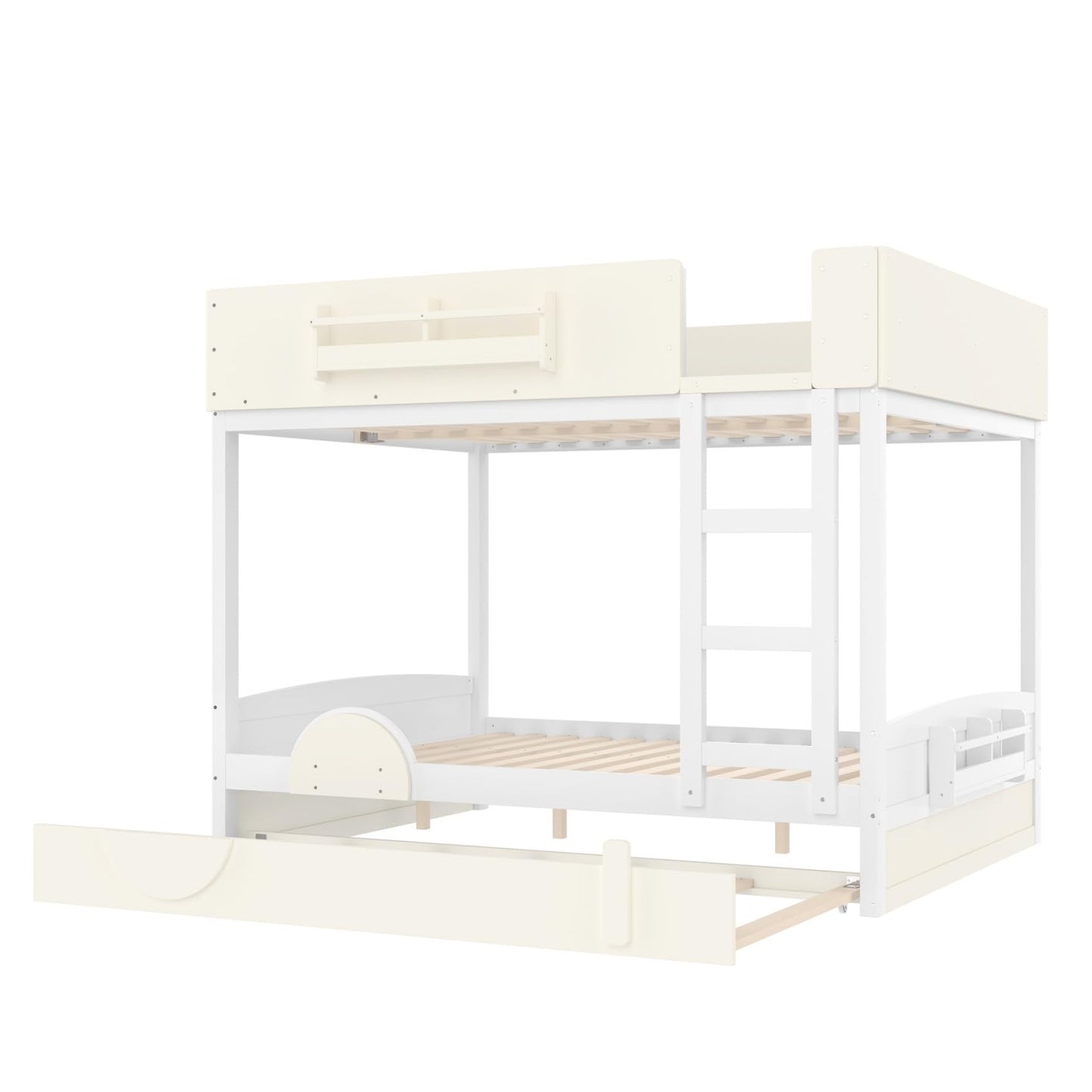 KEIKI Queen Over Queen Size Bunk Bed with Trundle, Pine Solid Wood Triple Bunk Beds Frame with Bookshelf, Guardrail, Slat and Ladders, Automobile Form Design bunkbed for Kids Teens & Adults
