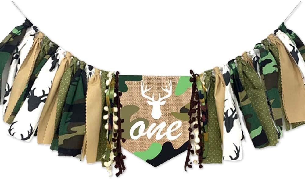 1st XCKALI Jungle Hunting High Chair Birthday Theme Banner Birthday High Chair One Camouflage Decoration Party Baby