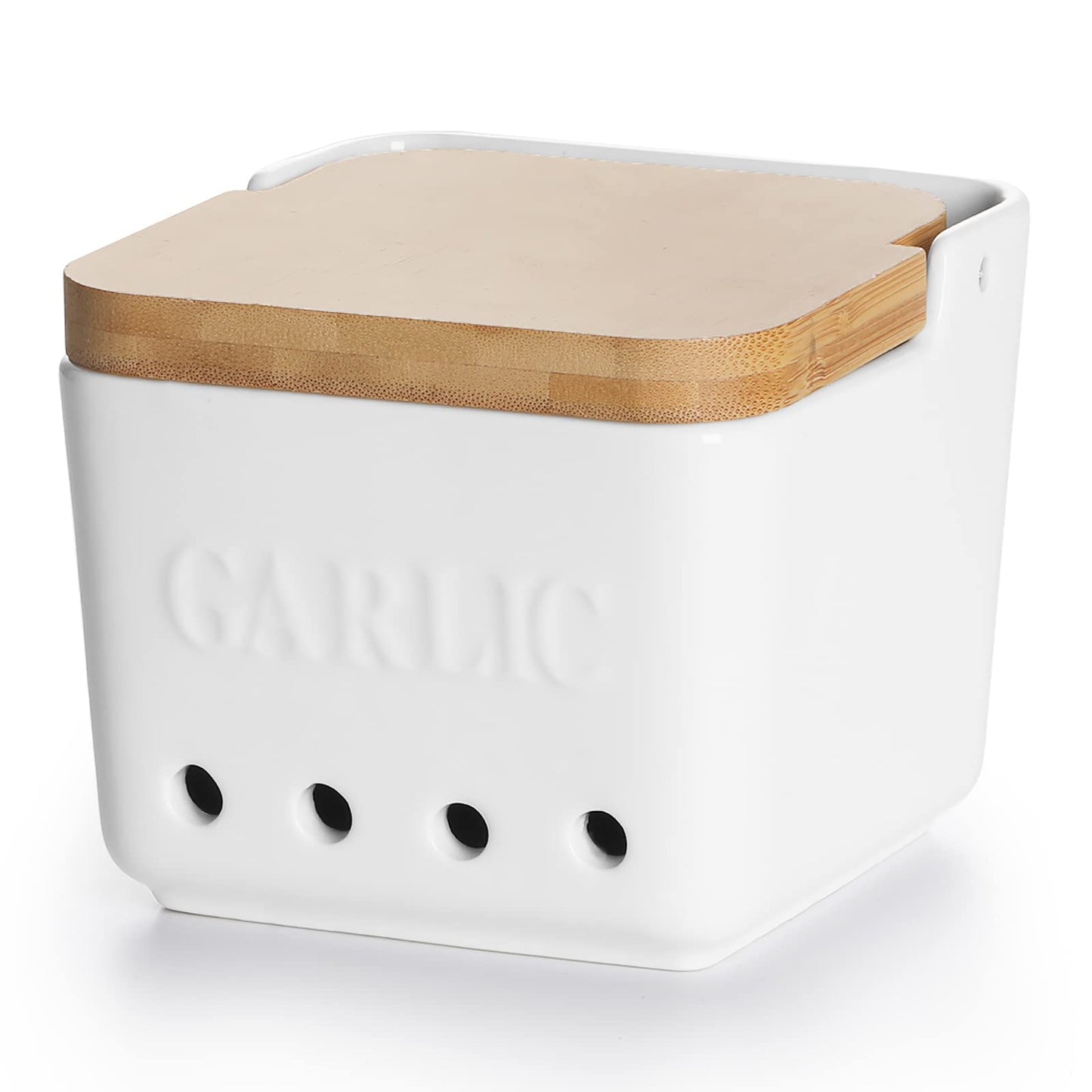 ONTUBE Garlic Keeper with Lid, Ceramic Garlic Holder Storage, Garlic Container for Kitchen, Garlic Saver to Keep Your Garlic Cloves Fresh Longer 4.7-Inch (White)