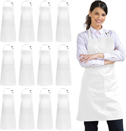 12 Pack 100% 2 Syntus Bib Apron, Unisex Aprons Adjustable Cotton with Pockets Cooking Kitchen Aprons for Women Men