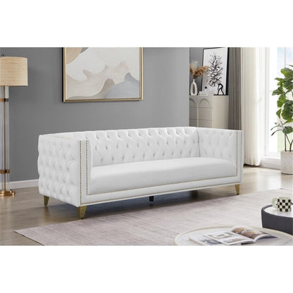 Meridian Furniture 651White-S Michelle Collection Modern | Contemporary Sofa with Deep Button Tufting, Gold Nailhead Trim and Sturdy Gold Iron Legs, White Vegan Leather, 90" W x 34" D x 30" H
