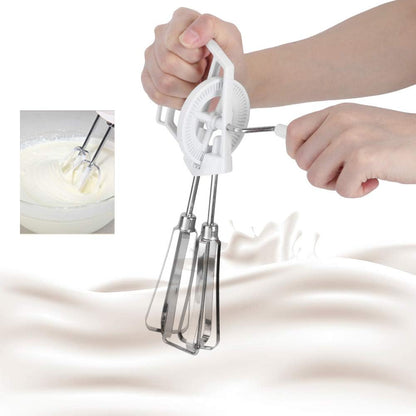 Egg Whisk, Manual Stainless Steel Hand Mixer with Double Wheel Design and Rotation Handle, White