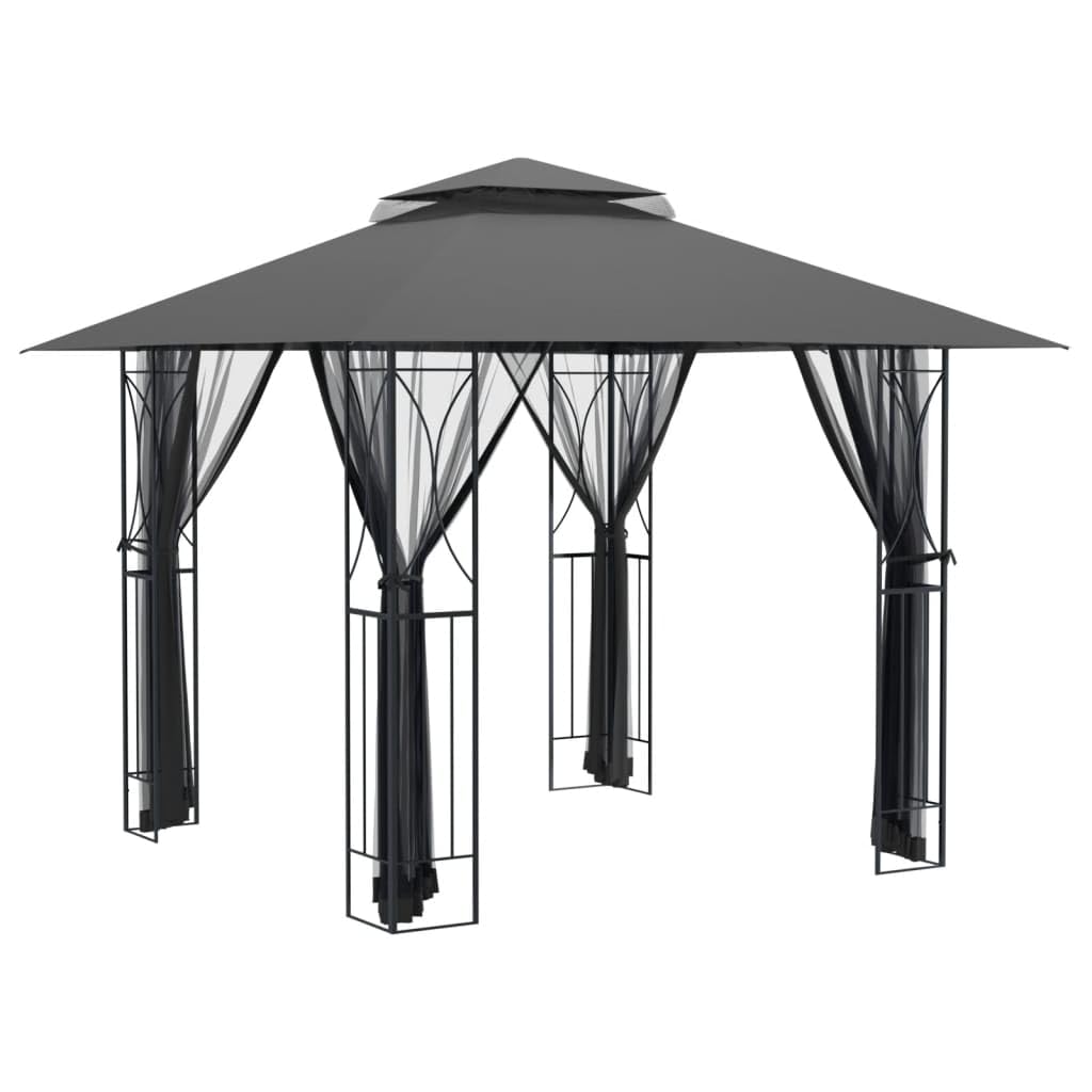 Anthracite Steel Gazebo with Sidewalls, 118.1"x118.1" Outdoor Canopy Tent, Double-Tiered Roof, Patio Gazebo for Garden Parties Lawn Structures