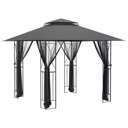 Anthracite Steel Gazebo with Sidewalls, 118.1"x118.1" Outdoor Canopy Tent, Double-Tiered Roof, Patio Gazebo for Garden Parties Lawn Structures