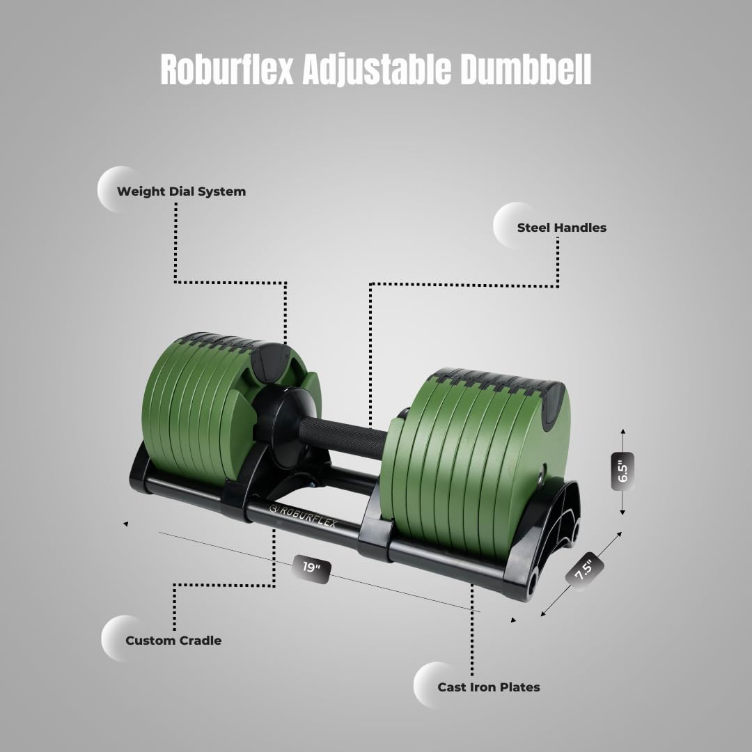 ROBURFLEX Adjustable Dumbbell (Single) 5-40/80lb, 5lb Increments, for Home Gym Fitness - Upto 20 weight settings (GREEN - 80LB)