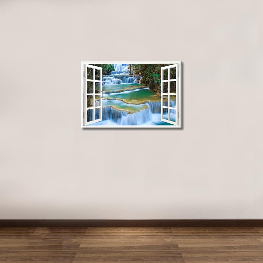 Grand Waterfall Wall Art Window View Decor, Green Mountain Pictures Canvas Print for Bedroom, Framed Ready to Hang