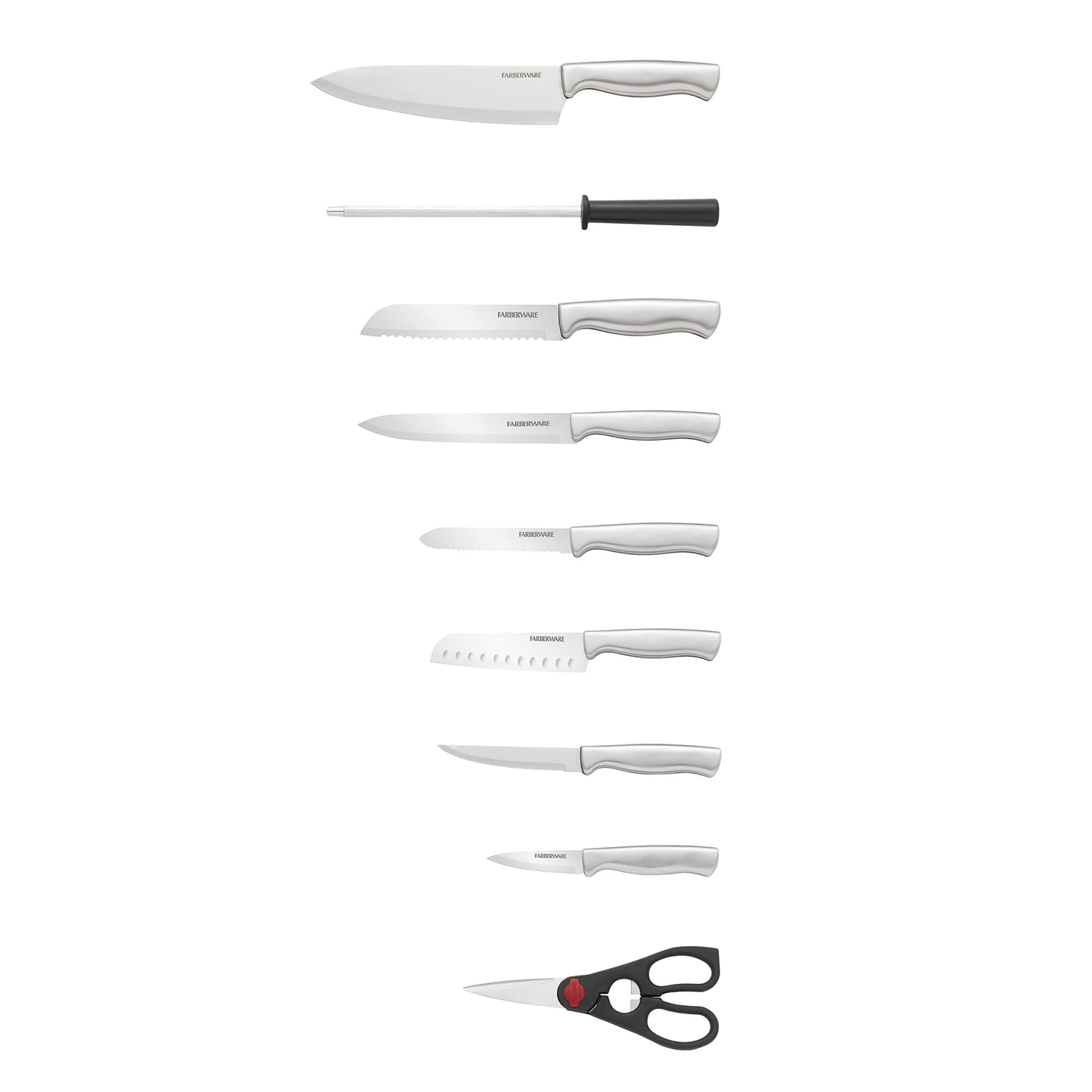Farberware 15-Piece Kitchen Knife Set, High-Carbon Stainless Steel Blades with Wood Block, Steak Knives, Sharpening Tool & All-Purpose Shears, Razor Sharp, Ergonomic Stainless Steel Handles
