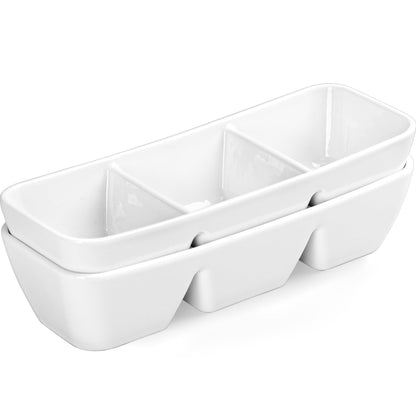 LUFILUFI Ceramic Divided Serving Tray 11 Inch, 3 Compartment White Condiment Tray Set of 2, Stackable Chip and Dip Serving Dish for Entertaining, Appetizer Snack Platter for Party Holiday Game Day